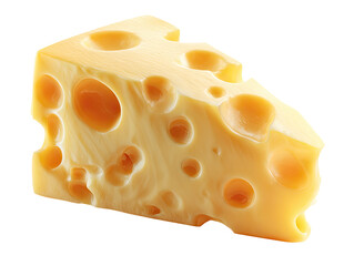 A triangular wedge of aged cheese, pale yellow with numerous holes