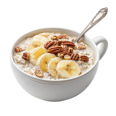 A bowl of oatmeal with sliced bananas and pecans on top isolated on transparent background