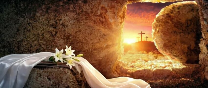 The empty tomb of Jesus Christ, covered with a shroud and decorated with white lilies, at dawn, with the cross in the background. Sunrise over the empty tomb. Easter and Resurrection of Jesus Christ.