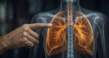 human lungs anatomy illustration with pointing finger for medical concept or healthcare research.