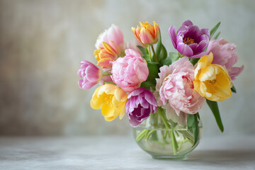 Obraz premium Spring bouquet of flowers. Spring bouquet of tulips and peeonies. Beautiful bouquet