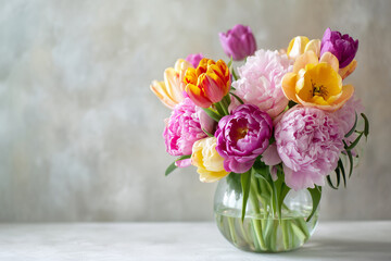Obraz premium Spring bouquet of flowers. Spring bouquet of tulips and peeonies. Beautiful bouquet