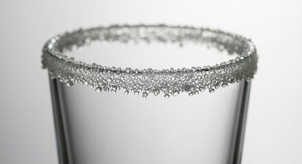Clear glass with sparkling rim and bubbles on neutral background  