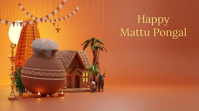 Happy mattu pongal greeting card featuring 3d illustration of traditional clay pot cow and village house background celebrating south indian harvest festival pongal and makar sankranti
