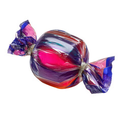 A colorful piece of candy wrapped in shiny plastic on a black background isolated on transparent background