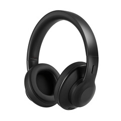A sleek pair of black wireless headphones on a dark background isolated on transparent background