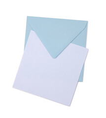 Simple blue envelope and empty white card for correspondence. Top view, isolated on a white background.