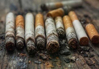 discarded cigarette butts and ash on weathered wood plank, representing addiction and unhealthy habits.
