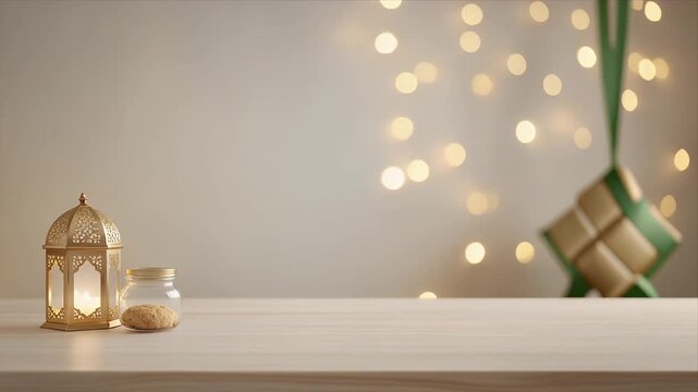 Cozy Ramadan setup with lantern, cookies, and gifts on wooden table
