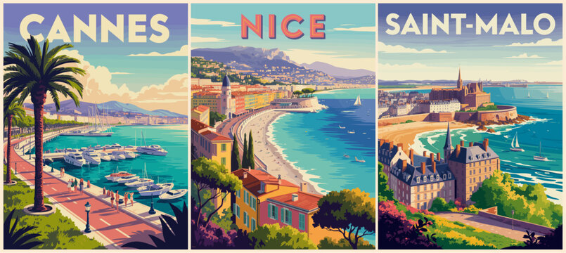 Retro style travel poster triptych featuring Cannes Nice and Saint Malo with stylized coastal landscapes and mid century design.