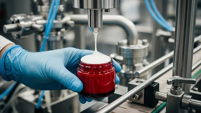 Automated Cosmetic Cream Filling Process in a Modern Industrial Facility.