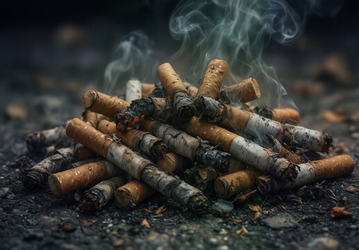 smoked cigarettes pile with smoke rising, representing addiction and health risks.