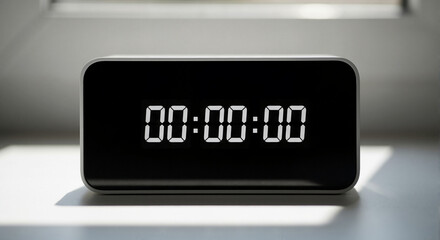 Digital clock displaying zero time in bright indoor setting  