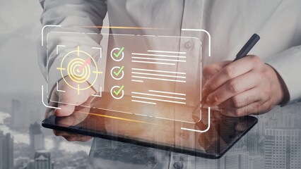 Business Professional Using Tablet with Digital Checklist and Target Graphic in Modern City Environment for Task Management and Productivity Enhancement Gluon.