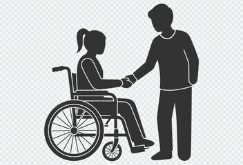 Fototapeta premium Man assisting woman in wheelchair with handshake, symbolizing support and care