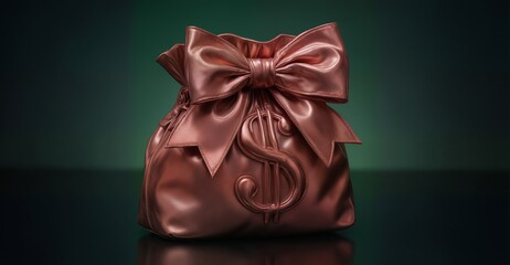 luxurious drawstring bag with embossed dollar sign and satin ribbon, elegant financial gift or reward concept.