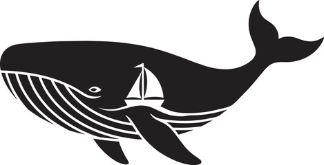 Sailboat navigating ocean waves on back of massive humpback whale symbolizing nature marine adventure © Mokbul