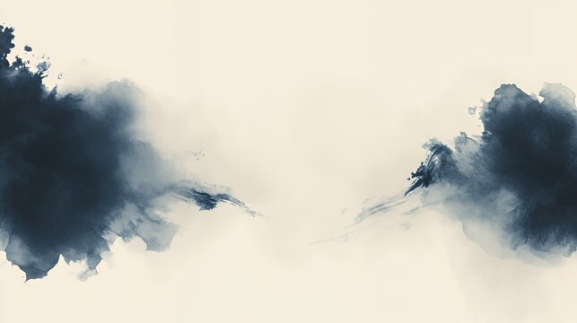 Minimalist artistic background featuring deep navy blue watercolor ink blooms and flowing splashes on a textured light cream base.