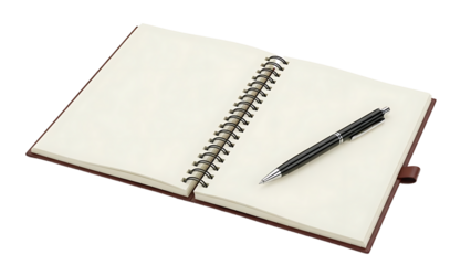 A spiral-bound notebook with a pen on a black background on transparent background