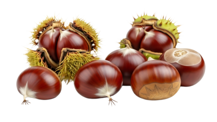 A vibrant collection of chestnuts and their prickly spiky outer shells on transparent background