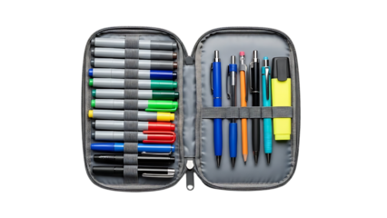 A gray pencil case with pens and pencils on transparent background
