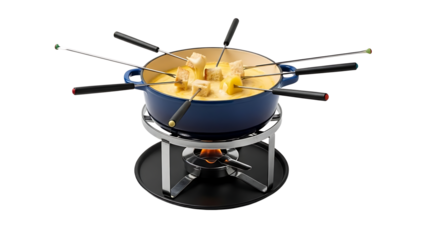 A blue fondue pot with bread and forks on a portable stove on transparent background