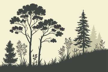 Fototapeta premium Silhouetted forest landscape isolated on white background