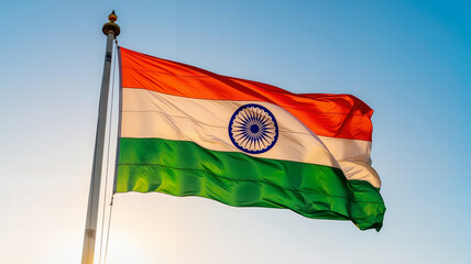 Indian flag waving, celebrating Independence Day, patriotic symbol, bright blue sky