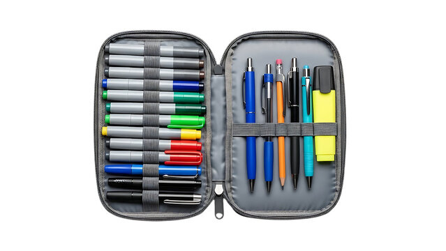 A gray pencil case with pens and pencils on transparent background