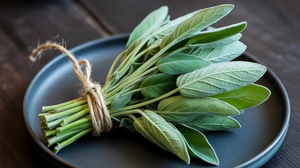 Fresh Sage Herb Bundle on Dark Plate - Aromatic Culinary Ingredient for Cooking