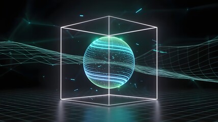 Holographic sphere in glowing cube – Suitable for innovation themes.