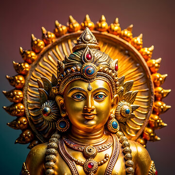 Golden statue of hindu sun god lord surya with ornate jewelry and aura for celebration of surya puja surya shashti ratha saptami and bhanu saptami
