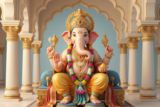 Majestic statue of ganesh ji sitting in a temple with white pillars for ganesh chaturthi and sankashti chaturthi religious spirituality concept art