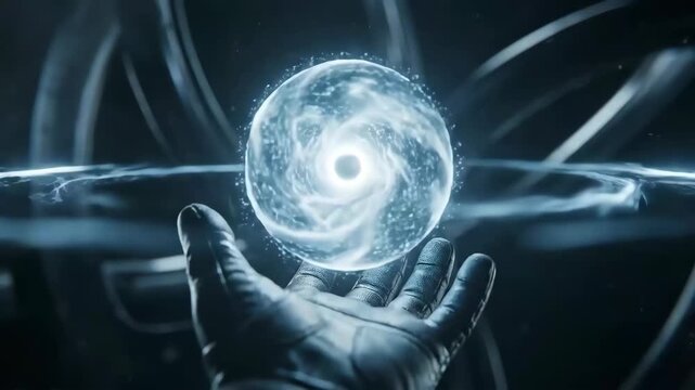 Gloved hand holding glowing energy orb with swirling light particles dark futuristic scene