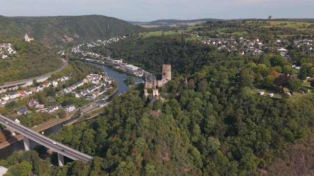 A flight along the Rhine river and spotting to old Castles close to Koblenz Germany 