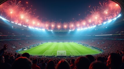 soccer tournament celebration in packed stadium with colorful fireworks and bright lights festive realistic sports scene full of energy and excitement concept of football event sports entertainment