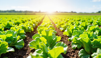 Freshly planted rows of lettuce, bright and healthy, farming field, sunny landscape