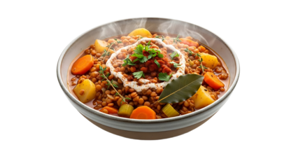 A delicious bowl of lentil soup with vegetables and herbs on transparent background