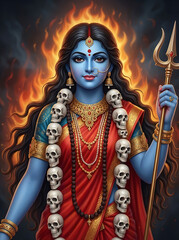 Fototapeta premium Hindu goddess with blue skin wearing a garland of skulls and holding a trident in front of flames for shyama puja and kali puja