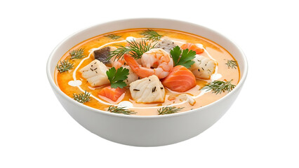 A bowl of creamy seafood soup with shrimp salmon and herbs on transparent background
