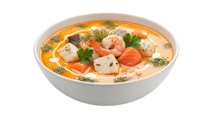 A bowl of creamy seafood soup with shrimp salmon and herbs on transparent background