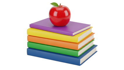 A stack of colorful books with a red apple on top on transparent background