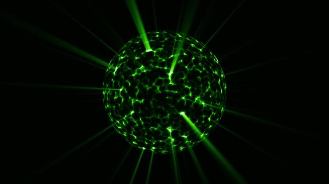 Looped animation of green energy sphere with cellular surface patterns and radioactive light rays on a dark background. Abstract biological structure orb with bright long beams. Seamless loop 4K 60fps