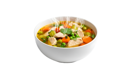 A steaming bowl of chicken soup with vegetables on transparent background