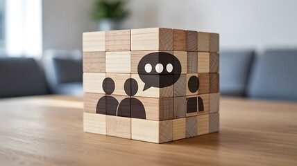 Group Discussion and Team Communication: Wooden Block Structure with People and Chat Icons