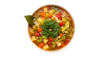 A bowl of vegetable soup on transparent background