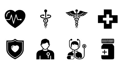 A black and white collection of eight medical-related icons