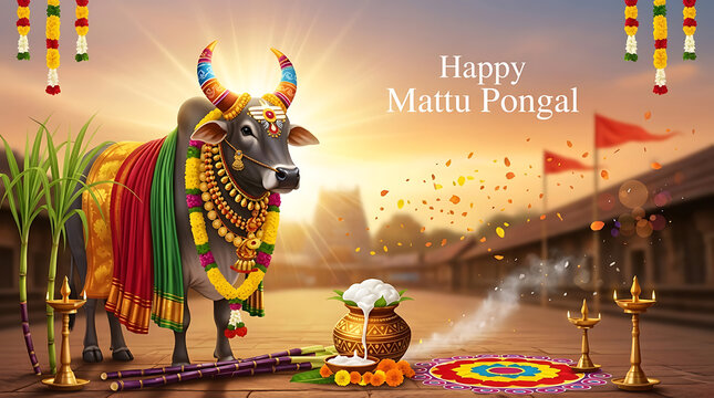 Realistic digital art of decorated holy bull and boiling rice pot with rangoli design on floor for celebrating happy mattu pongal and makar sankranti