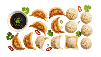 A delicious arrangement of dumplings and dumpling wrappers with sauce on transparent background
