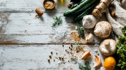 Fresh Vegetables and Ingredients Arranged on Rustic Wooden Table for Healthy Cooking and Culinary Arts with Herbs and Spices for Flavor Enhancement